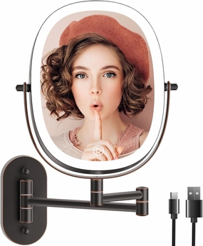 Funtouch 9" Wall Mounted Lighted Makeup Mirror, Rechargeable Double Sided 1X/7X Magnifying Mirrors with Light, 3 Color Lights, Touch Dimmable, Extended Arm 360 Rotation Oval Shaving Light up Mirror