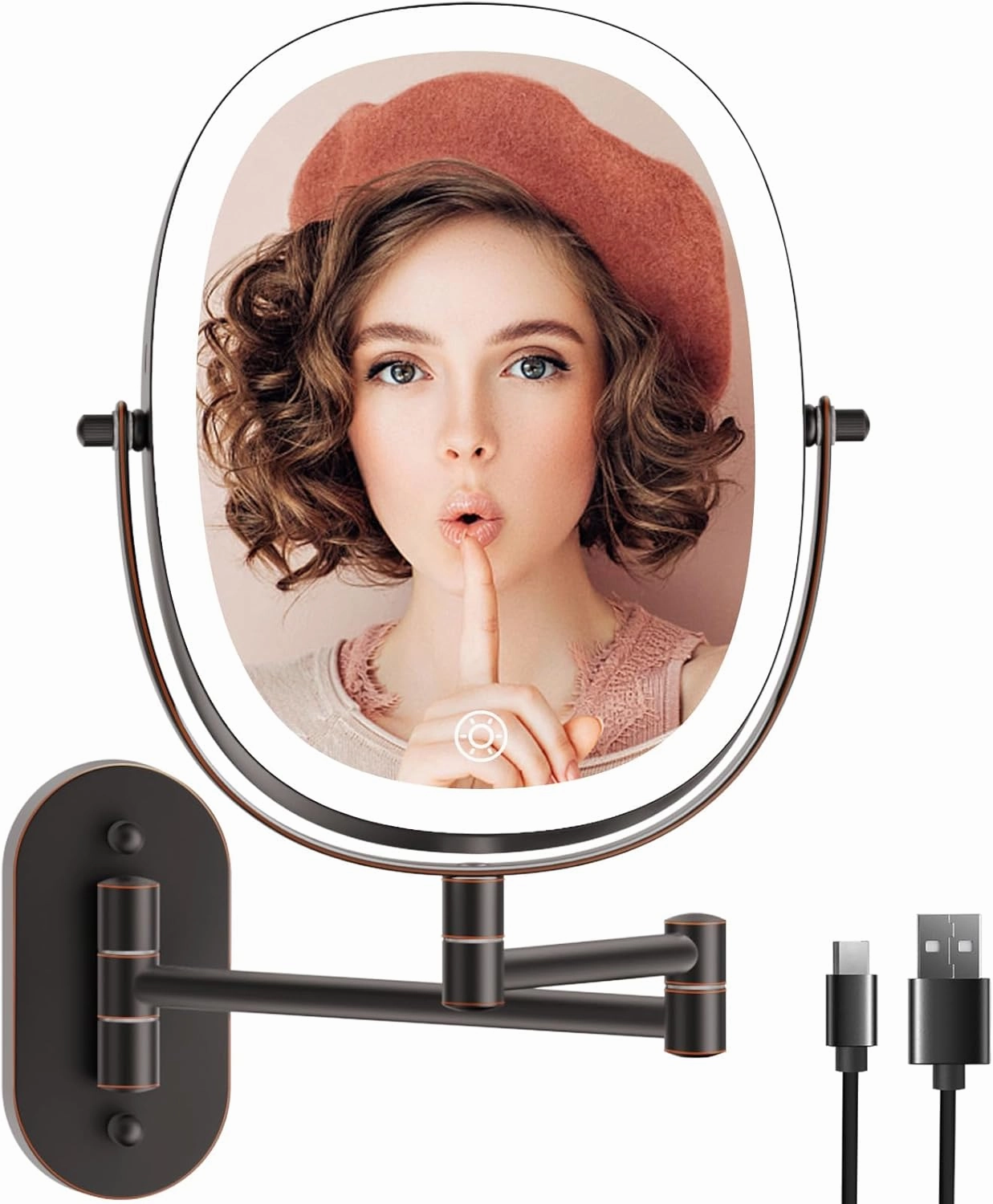 Funtouch 9" Wall Mounted Lighted Makeup Mirror, Rechargeable Double Sided 1X/7X Magnifying Mirrors with Light, 3 Color Lights, Touch Dimmable, Extended Arm 360 Rotation Oval Shaving Light up Mirror