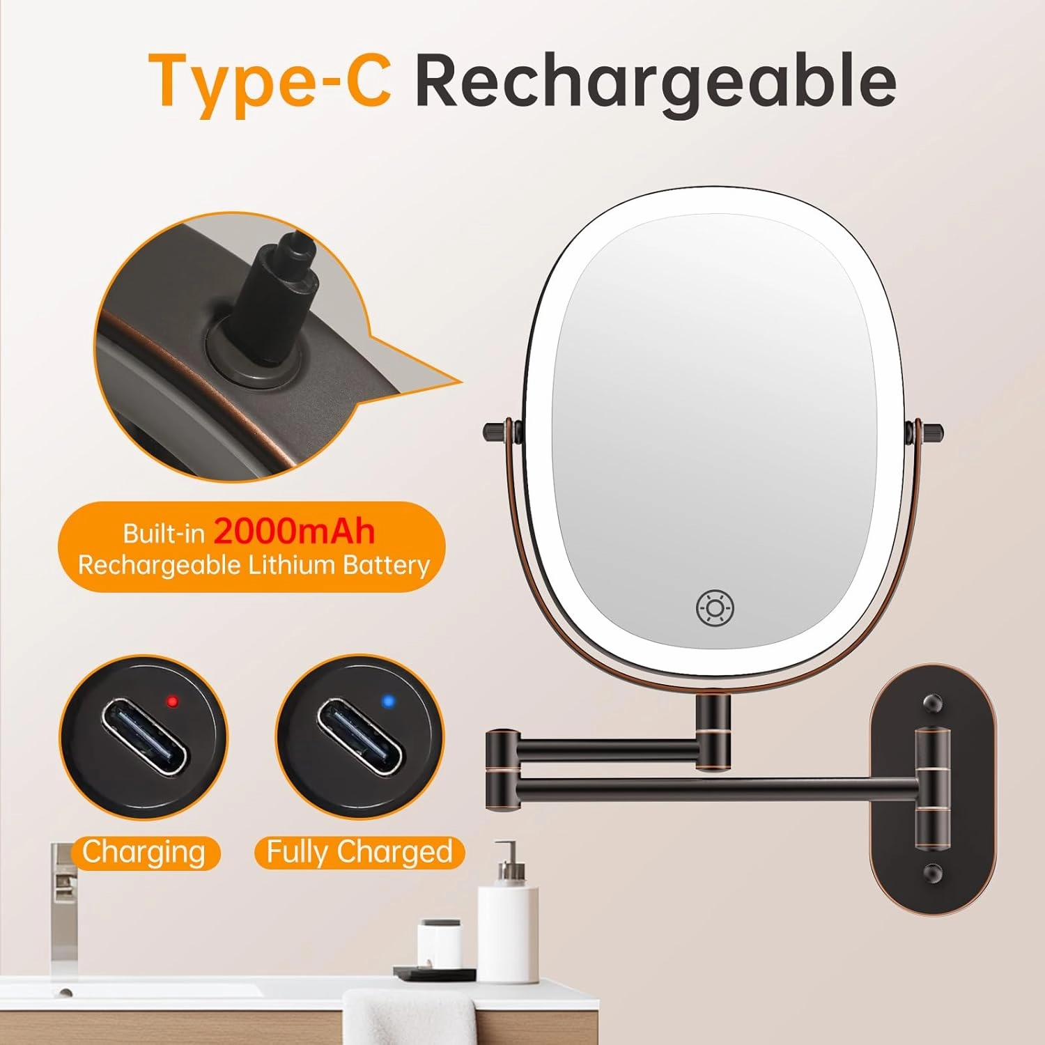 Funtouch 9" Wall Mounted Lighted Makeup Mirror, Rechargeable Double Sided 1X/7X Magnifying Mirrors with Light, 3 Color Lights, Touch Dimmable, Extended Arm 360 Rotation Oval Shaving Light up Mirror