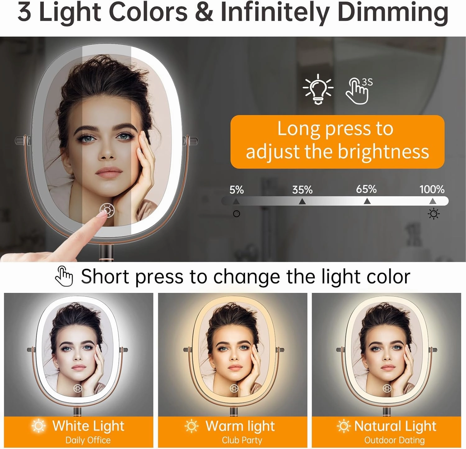Funtouch 9" Wall Mounted Lighted Makeup Mirror, Rechargeable Double Sided 1X/7X Magnifying Mirrors with Light, 3 Color Lights, Touch Dimmable, Extended Arm 360 Rotation Oval Shaving Light up Mirror