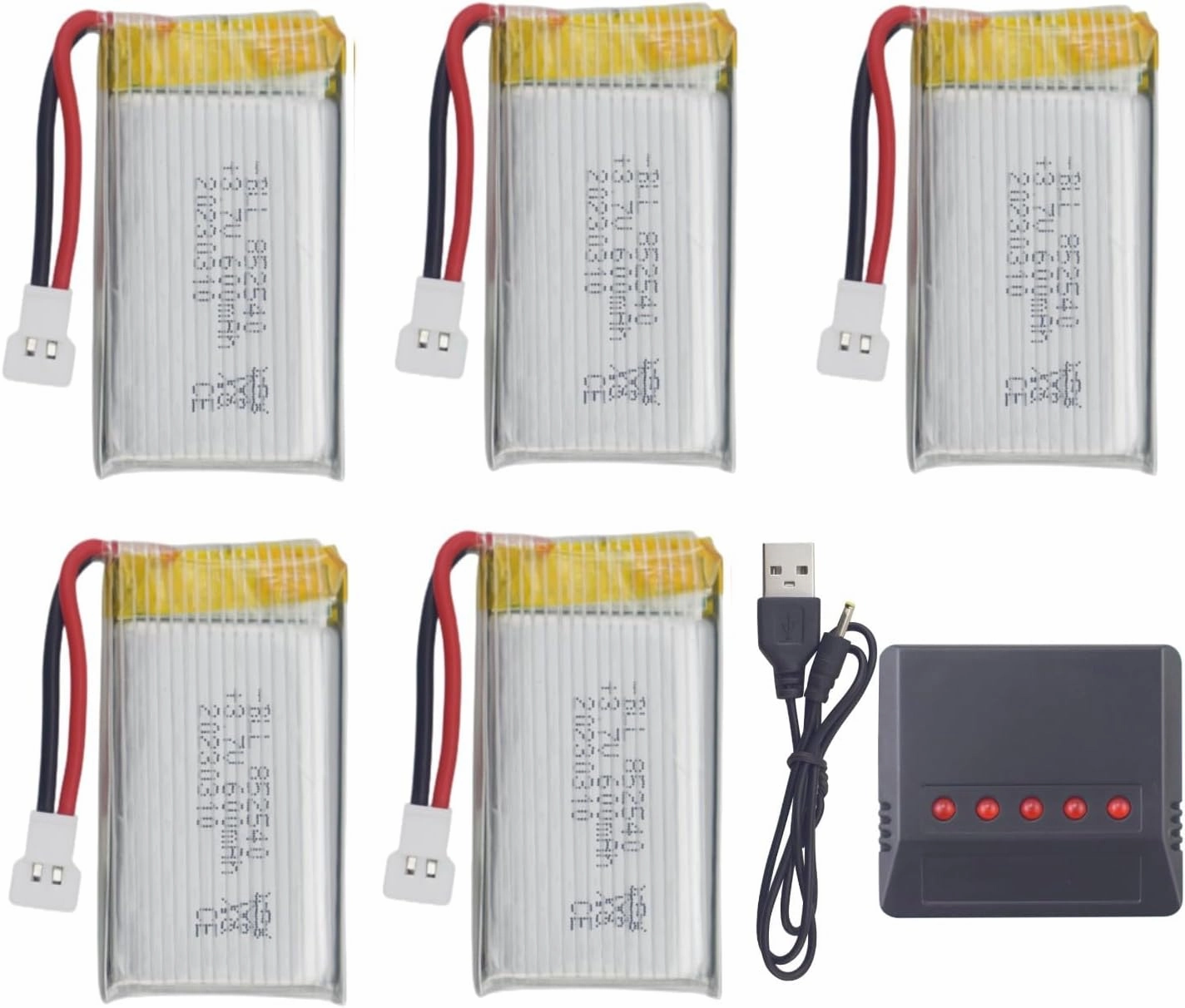 Fytoo 1PCS 5 in1 Battery Charger with 5PCS 3.7V 600mAh Li-Battery for Syma X5C X5C-1 X5 X5SC X5SW H5C V931 S5C S5W S5W SS40 FQ36 T32 T5W H42 CW4 Helicopter Accessories