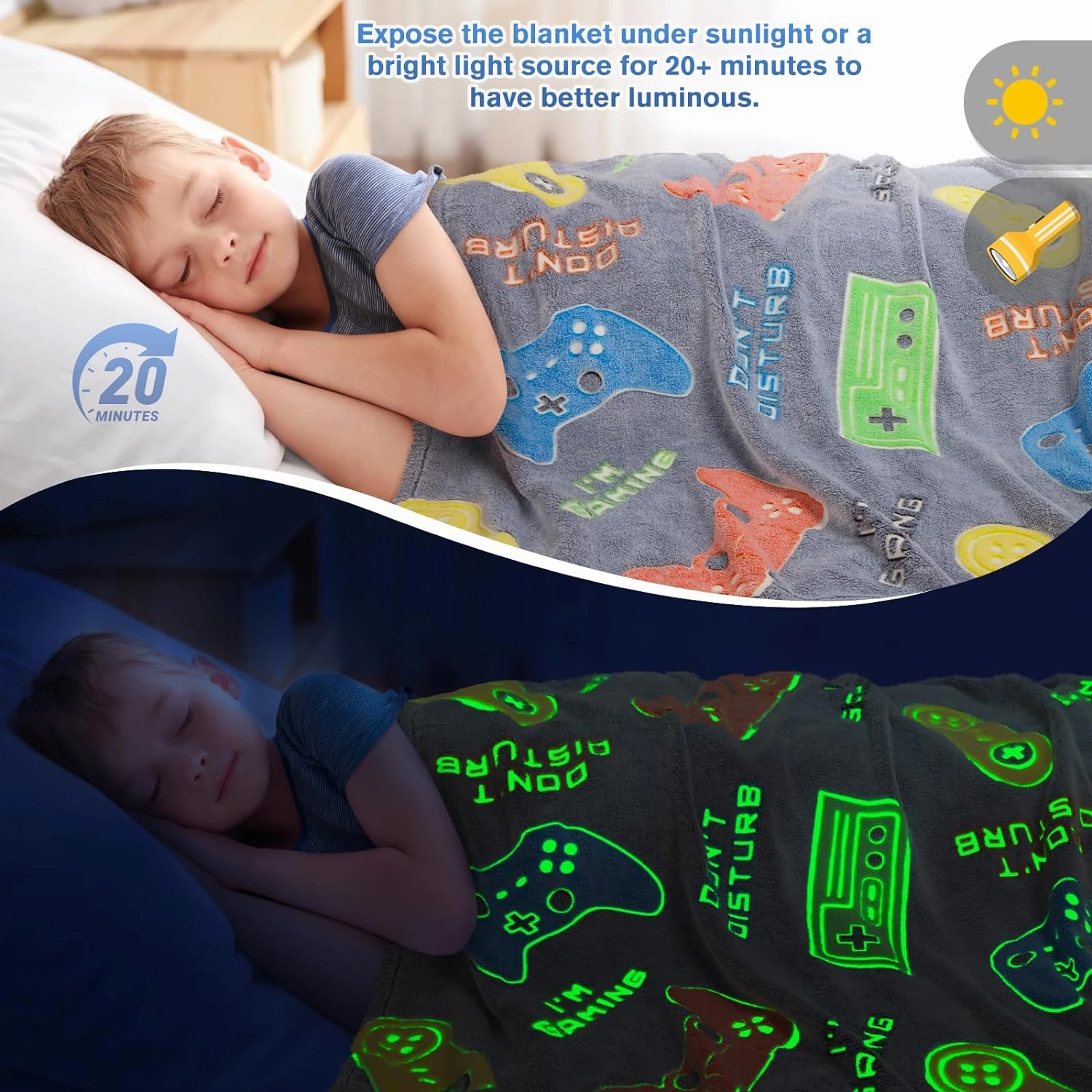 Gaming Blanket Toys Gifts for Boys - Glow in The Dark Game Controller Throw for Kids Age 1-14 Year Old Teens Child Toddler Son Birthday Christmas Valentines Easter Presents Gamer Room Decor 50"x60"