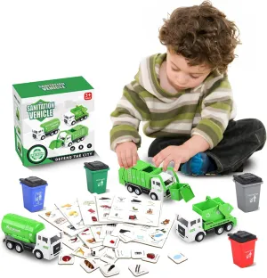 Garbage Truck Toy, 3 Pack Friction Powered Waste Management Garbage Truck Game with Front Load Dumpster, Back Dump Garbage,4 Trash Bins with 108 pcs Trash Cards, Gift for 3  Years Old Kids