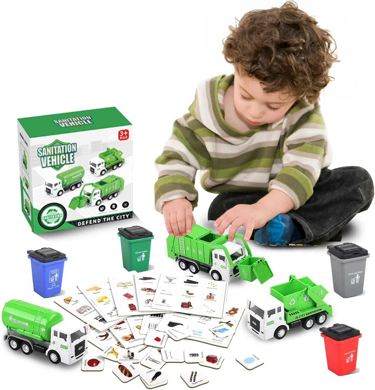 Garbage Truck Toy, 3 Pack Friction Powered Waste Management Garbage Truck Game with Front Load Dumpster, Back Dump Garbage,4 Trash Bins with 108 pcs Trash Cards, Gift for 3  Years Old Kids