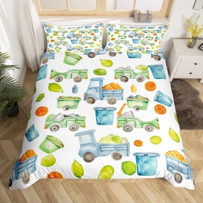 Garbage Truck Duvet Cover Trash Truck Comforter Cover Green Garbage Cool Design Bedding Sets All Season For Kids Boys Girls, Cartoon Waste Management Vehicle Bed Set King With 2 Pillowcases