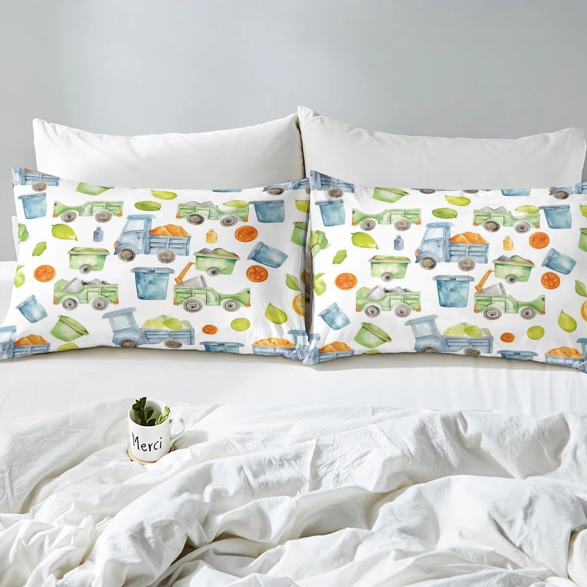 Garbage Truck Duvet Cover Trash Truck Comforter Cover Green Garbage Cool Design Bedding Sets All Season For Kids Boys Girls, Cartoon Waste Management Vehicle Bed Set King With 2 Pillowcases