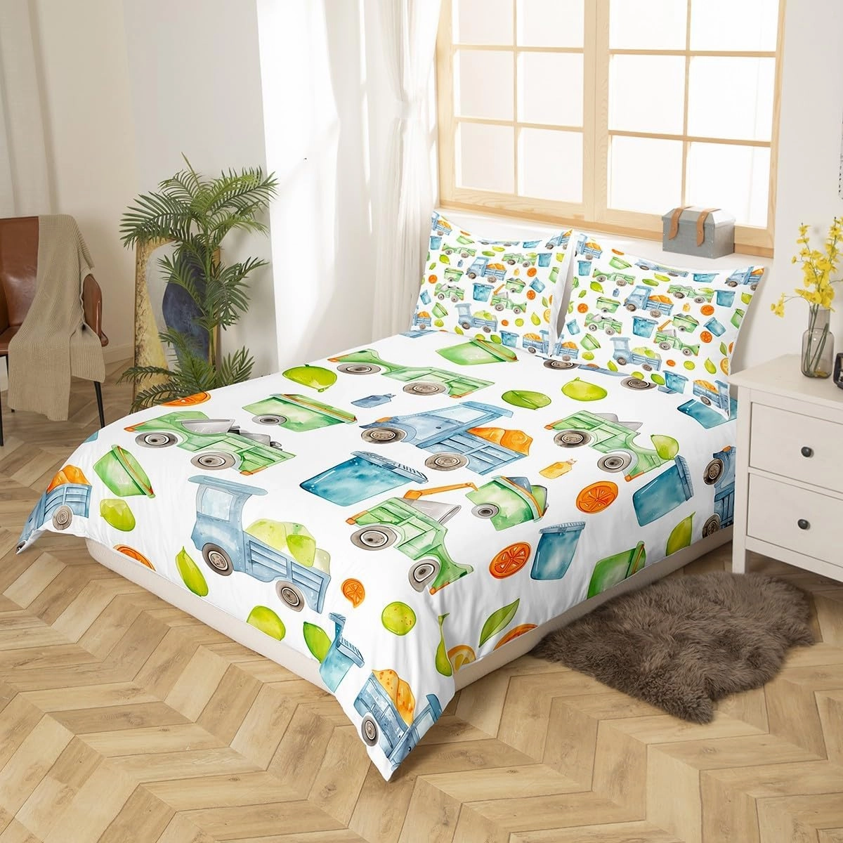 Garbage Truck Duvet Cover Trash Truck Comforter Cover Green Garbage Cool Design Bedding Sets All Season For Kids Boys Girls, Cartoon Waste Management Vehicle Bed Set King With 2 Pillowcases