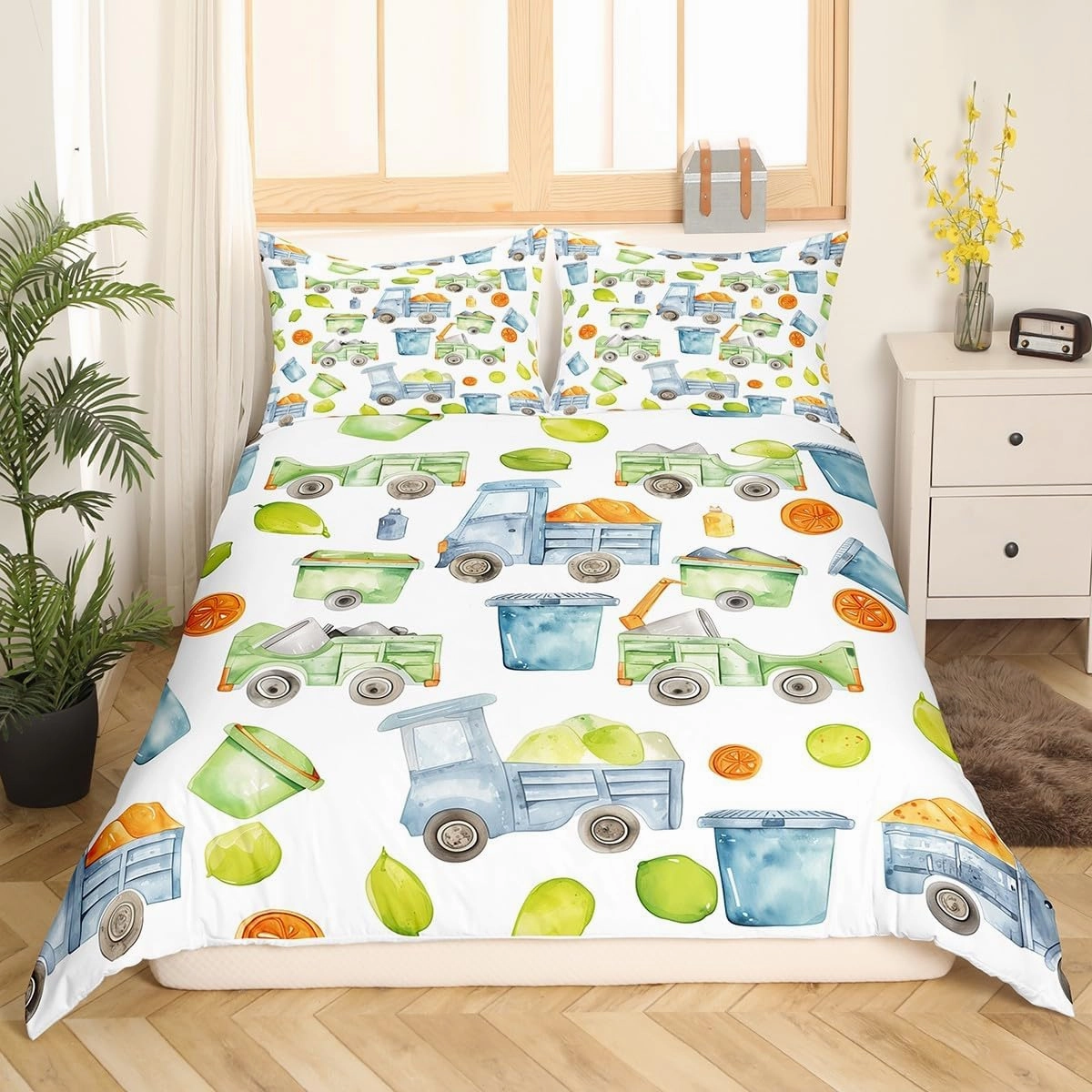 Garbage Truck Duvet Cover Trash Truck Comforter Cover Green Garbage Cool Design Bedding Sets All Season For Kids Boys Girls, Cartoon Waste Management Vehicle Bed Set King With 2 Pillowcases