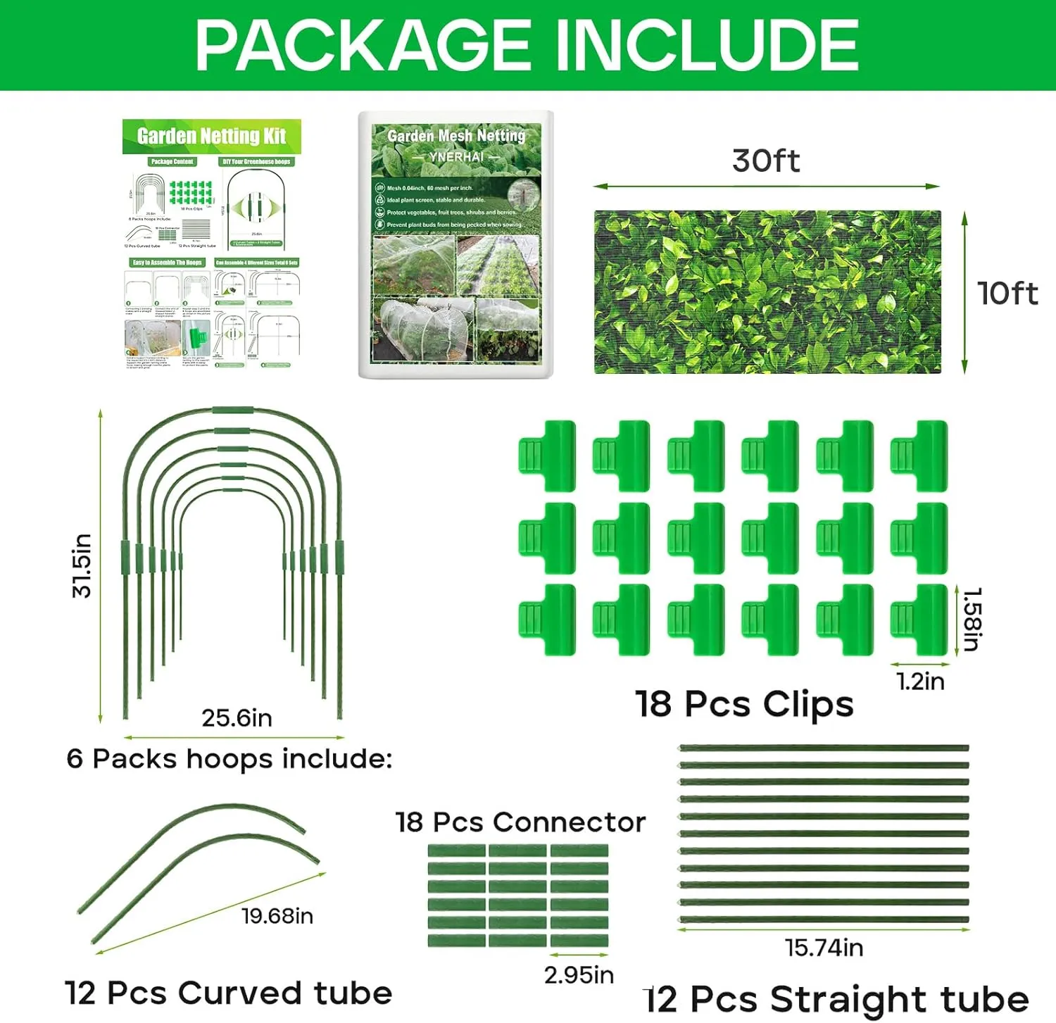 Garden Mesh Netting Kit, 10 * 30FT Ultra Fine Plant Netting Covers with 6 Pcs Garden Hoops & 18 Clips, Row Cover Net Protection for Tree Fruit Barrier Vegetable Fruits Flowers Shrubs Plant Covers Net