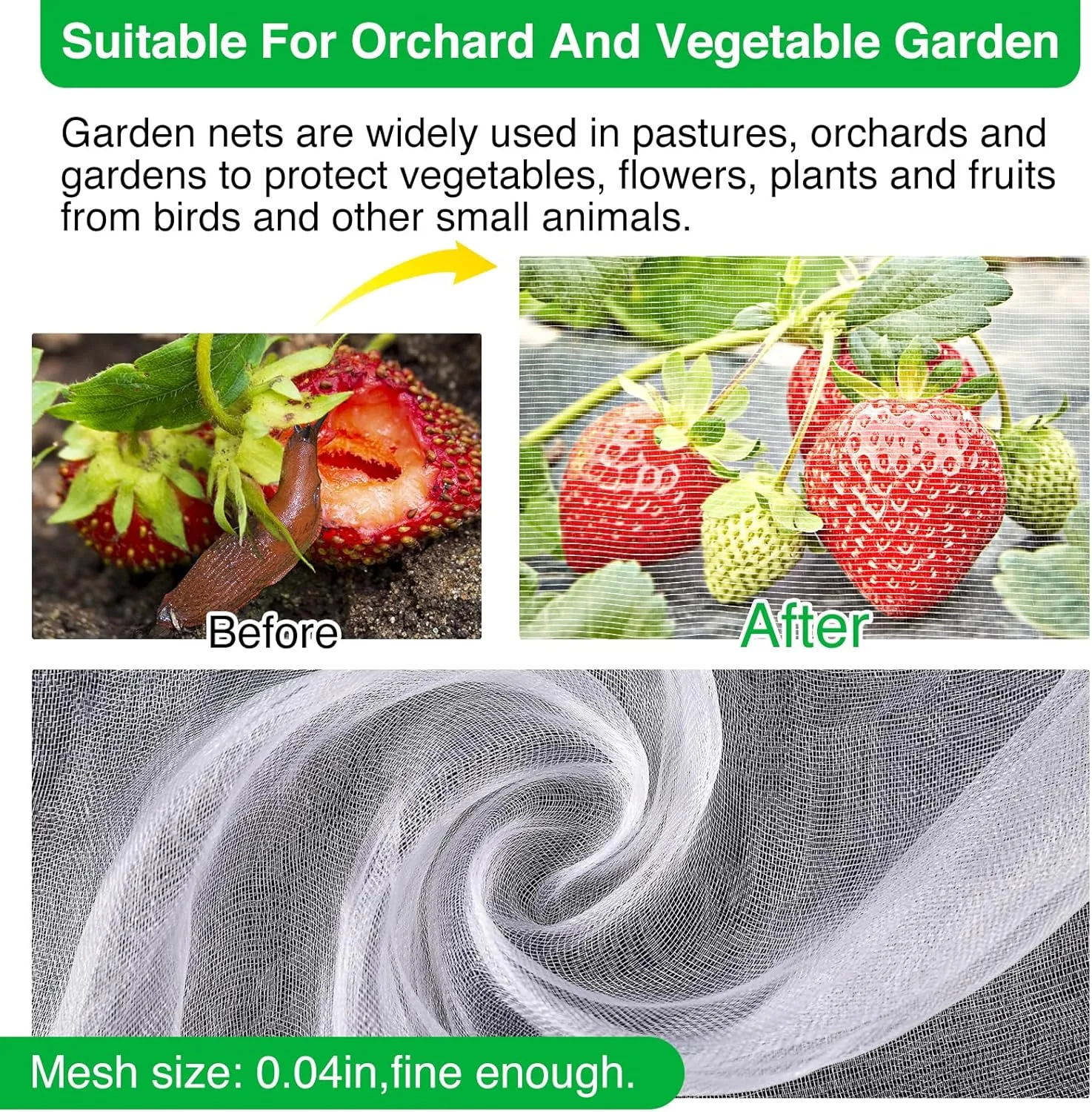 Garden Mesh Netting Kit, 10 * 30FT Ultra Fine Plant Netting Covers with 6 Pcs Garden Hoops & 18 Clips, Row Cover Net Protection for Tree Fruit Barrier Vegetable Fruits Flowers Shrubs Plant Covers Net