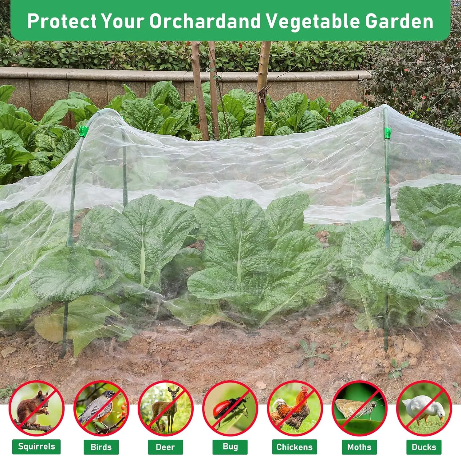 Garden Mesh Netting Kit, 10 * 30FT Ultra Fine Plant Netting Covers with 6 Pcs Garden Hoops & 18 Clips, Row Cover Net Protection for Tree Fruit Barrier Vegetable Fruits Flowers Shrubs Plant Covers Net
