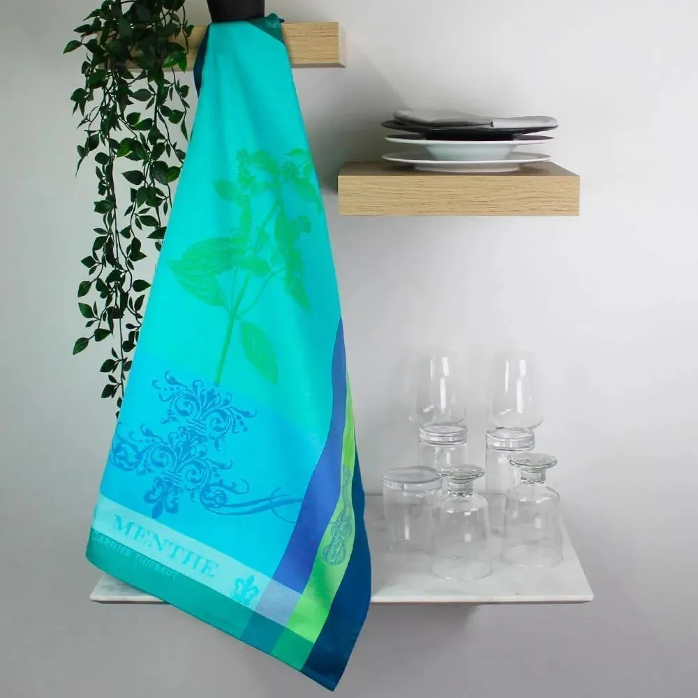 Garnier Thiebaut Brin de Menthe Chlorophylle (Green Mint) French Kitchen Towel 22"x30", Cotton, Jacquard