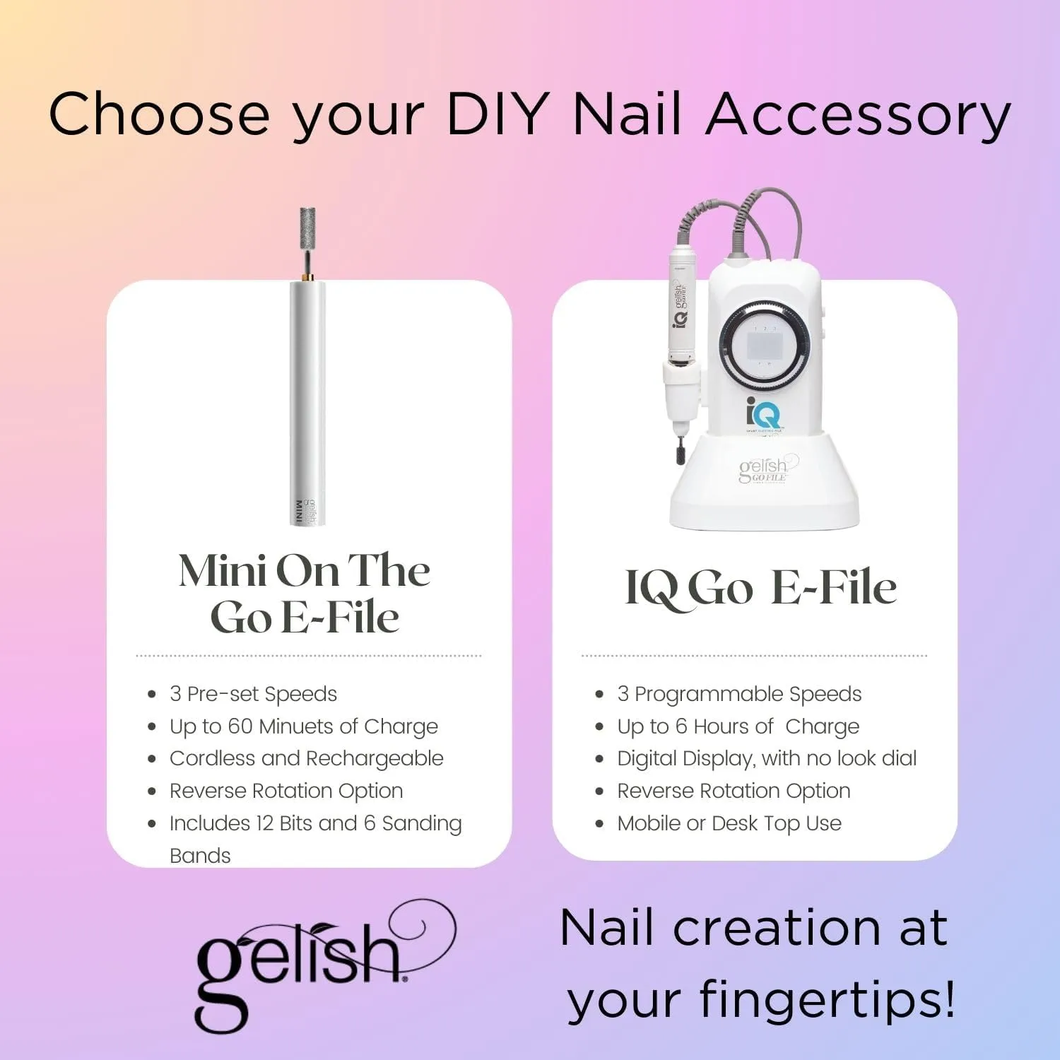 Gelish MINI On The Go Electric Nail File - Lightweight, Portable Nail Drill, Shaping, Filing, Gel Removal - 12 Interchangeable Bits & 6 Sanding Bands for DIY Manicures & Pedicures.