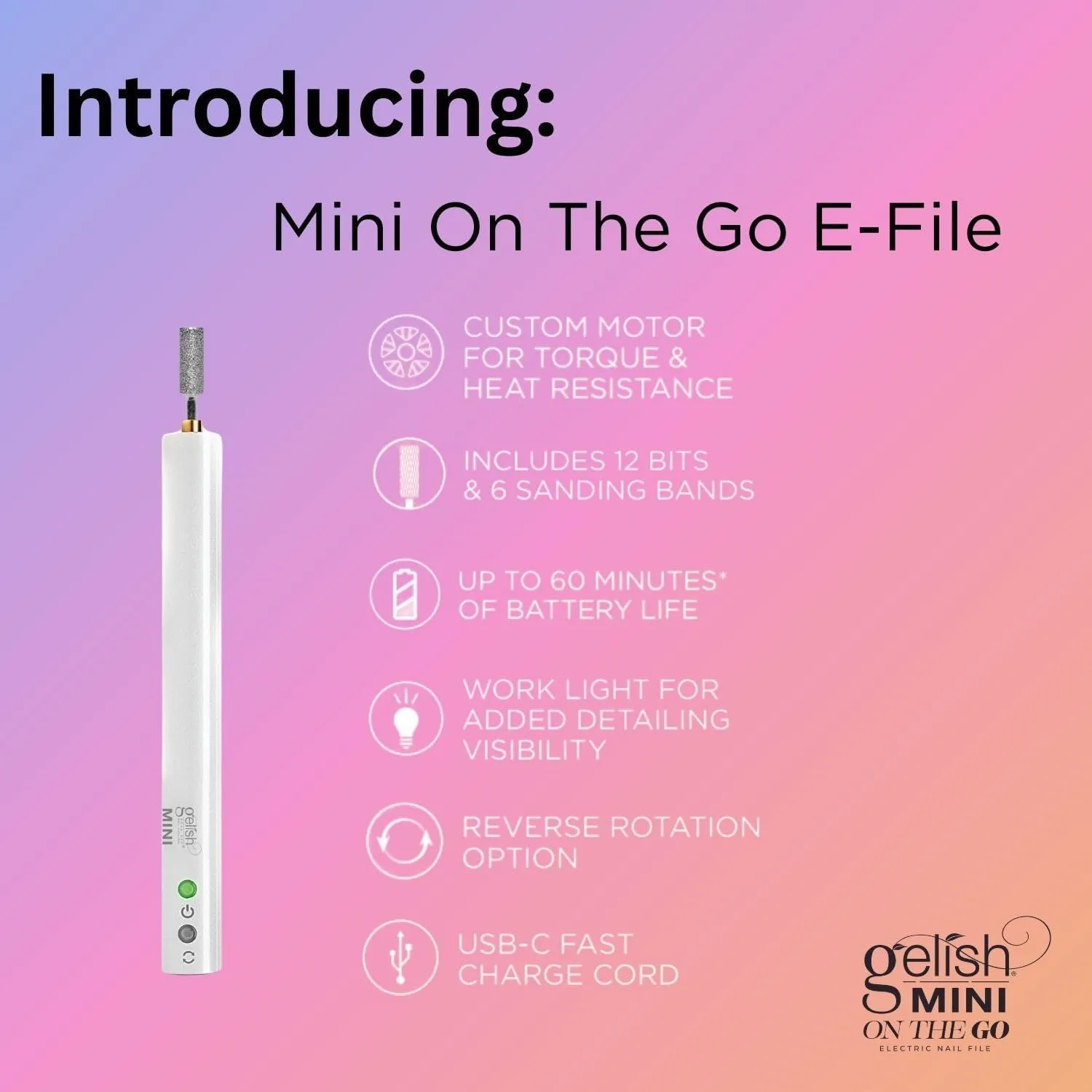Gelish MINI On The Go Electric Nail File - Lightweight, Portable Nail Drill, Shaping, Filing, Gel Removal - 12 Interchangeable Bits & 6 Sanding Bands for DIY Manicures & Pedicures.