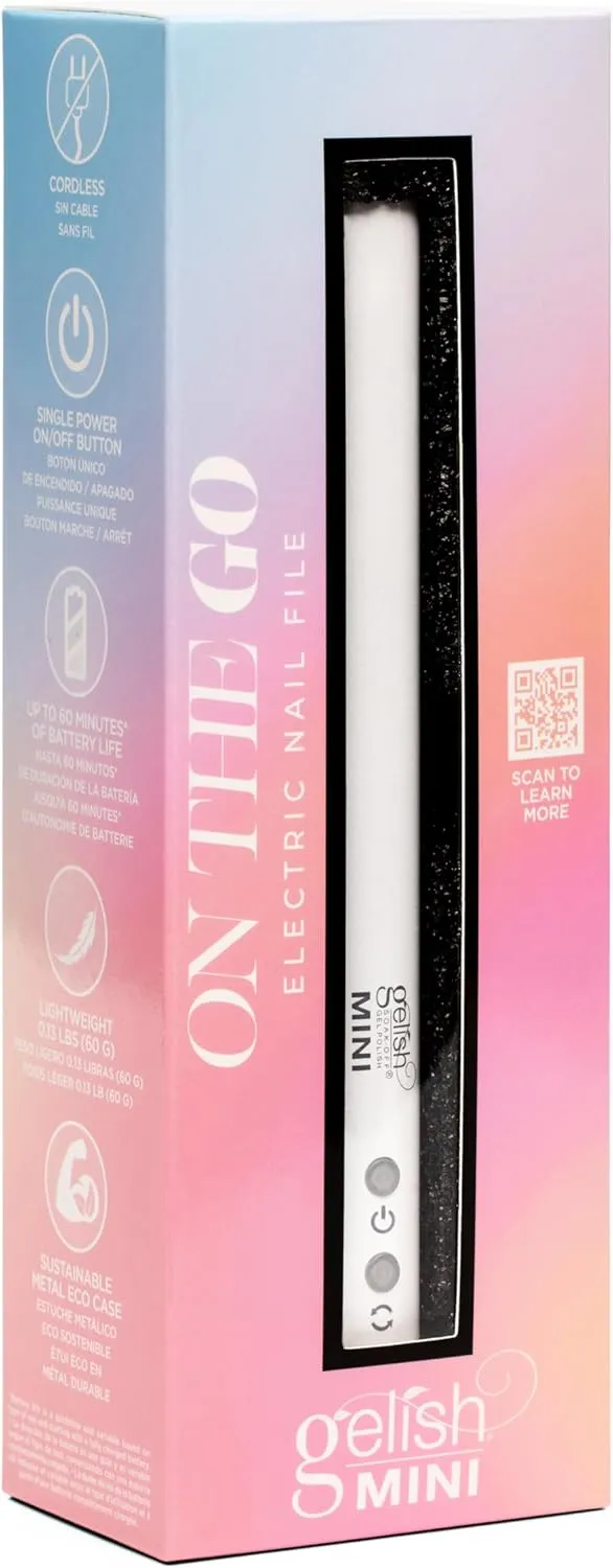 Gelish MINI On The Go Electric Nail File - Lightweight, Portable Nail Drill, Shaping, Filing, Gel Removal - 12 Interchangeable Bits & 6 Sanding Bands for DIY Manicures & Pedicures.