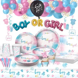 Gender Reveal Party Supplies (Serves 20) - Baby Gender Reveal Decorations - Confetti Balloon, Plates, Cups, Cupcake Topper & wrappers, Happy Birthday Banner, Tablecloth, Balloon Garland Kit.