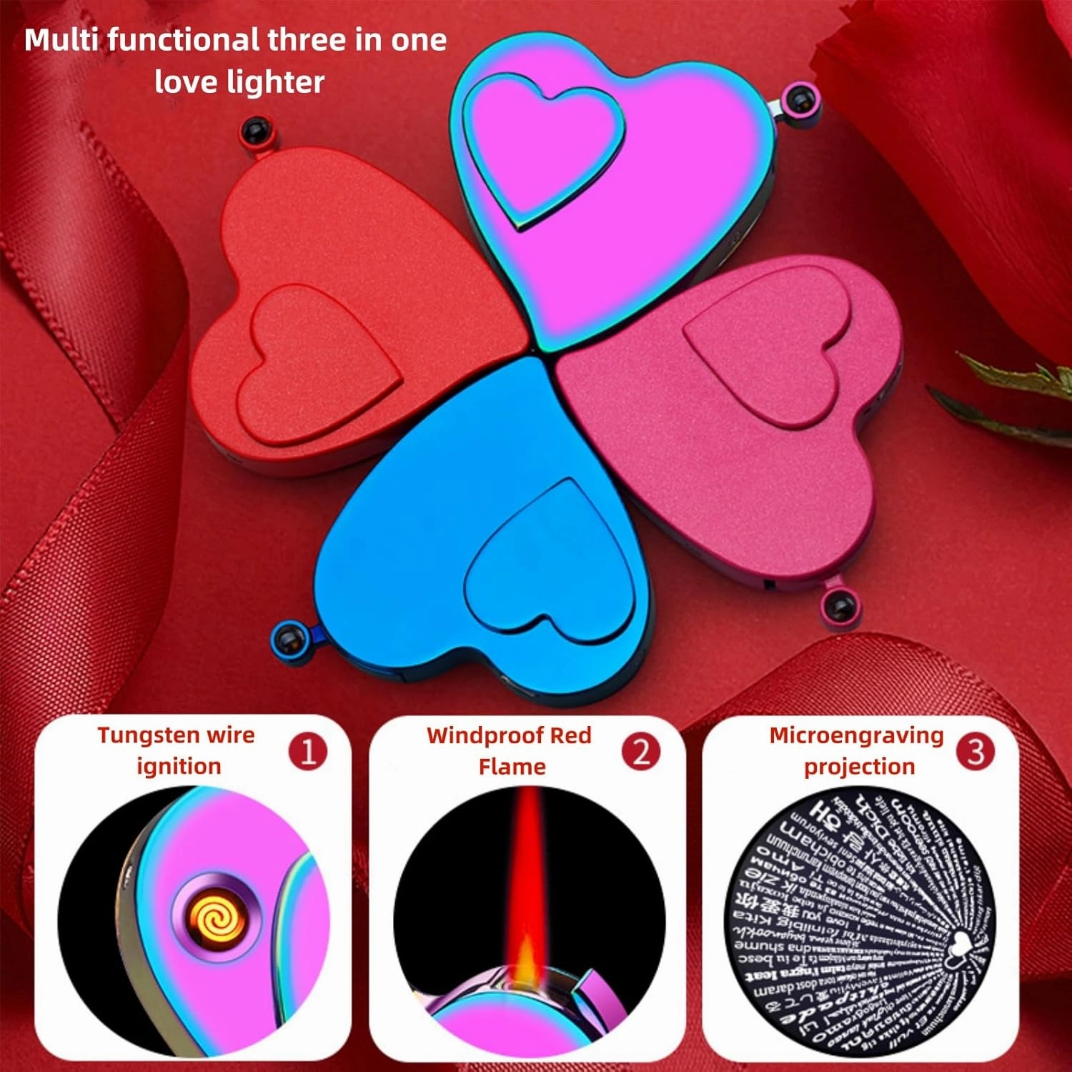Generic Heart Shaped Lighter, Love Lighters, 100 Languages 'I Love You' Micro Projection, Cool Electronic Lighter, Gas Refillable and Rechargeable (Luminous white)