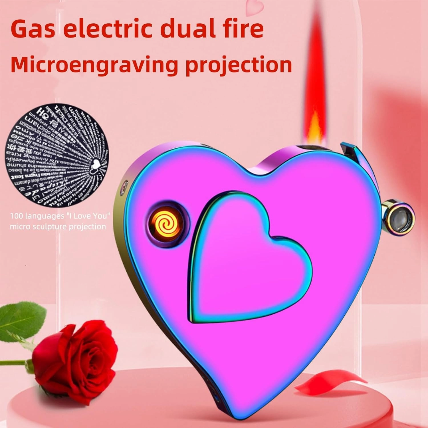 Generic Heart Shaped Lighter, Love Lighters, 100 Languages 'I Love You' Micro Projection, Cool Electronic Lighter, Gas Refillable and Rechargeable (Luminous white)