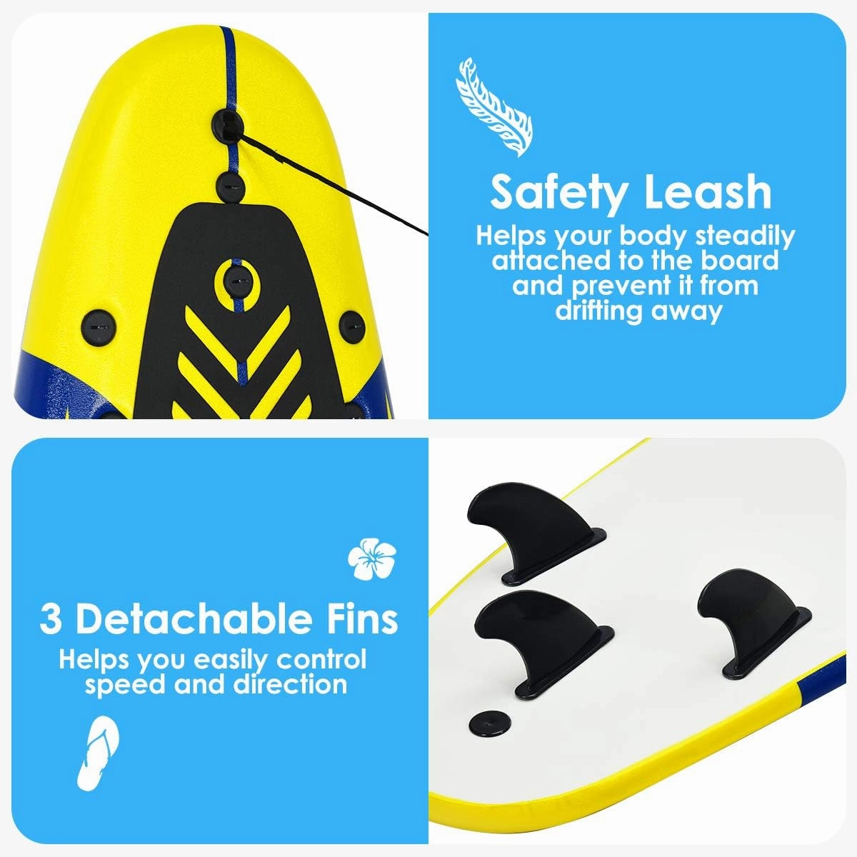 Giantex Surfboard, 6 Ft Stand Up Surfing Board with 3 Detachable Fins, Safety Leash, Non-Slip Lightweight Foam Surfboard for Kids, Teenager, Youth