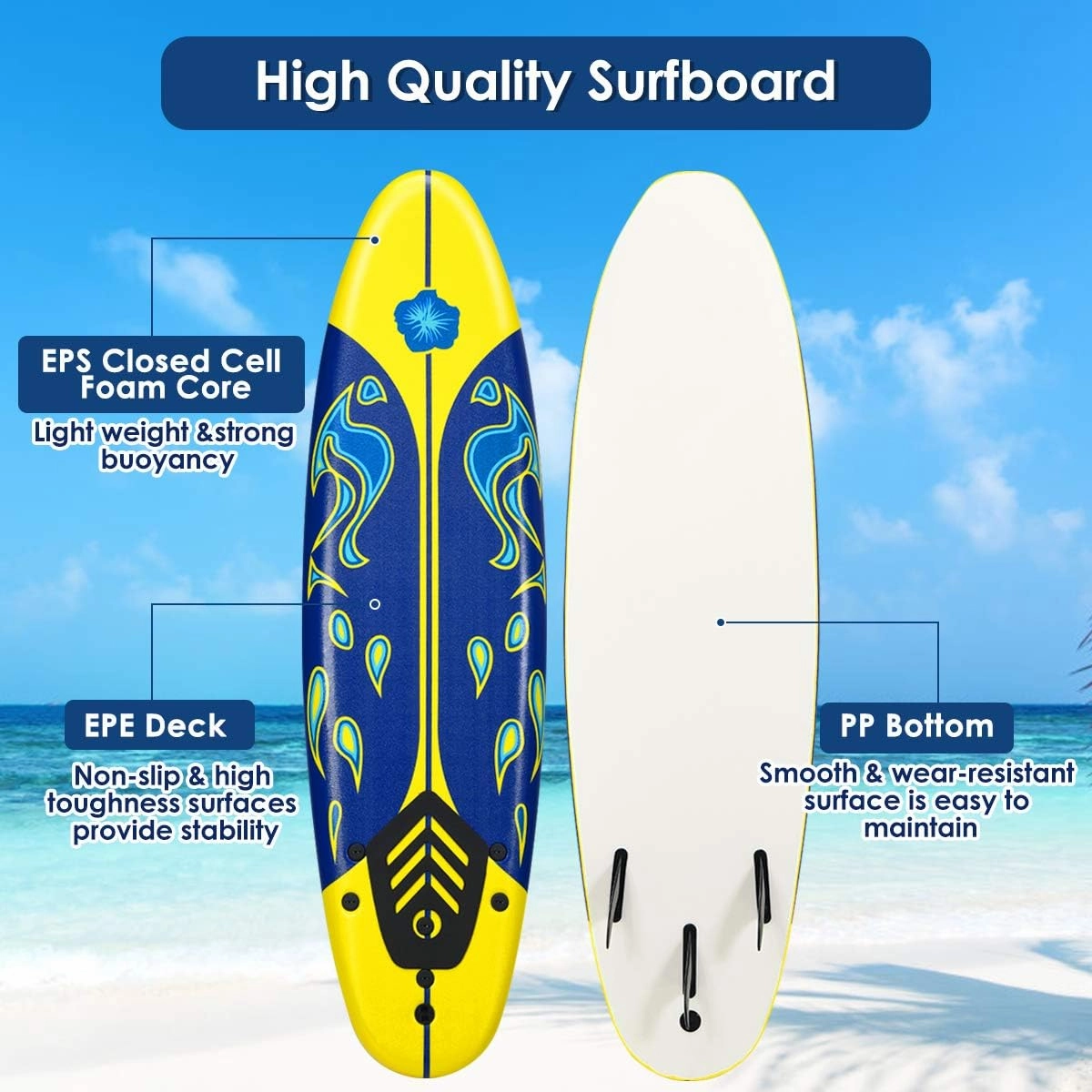 Giantex Surfboard, 6 Ft Stand Up Surfing Board with 3 Detachable Fins, Safety Leash, Non-Slip Lightweight Foam Surfboard for Kids, Teenager, Youth