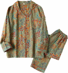 Ginkgo Leaf Neckline Button Colorful Floral Pure Pajama,Vintage Leaf Lapel Loungewear Set,Long Sleeve Top and Pants (US, Alpha, Medium, Regular, Regular, Green with leaf pattern)