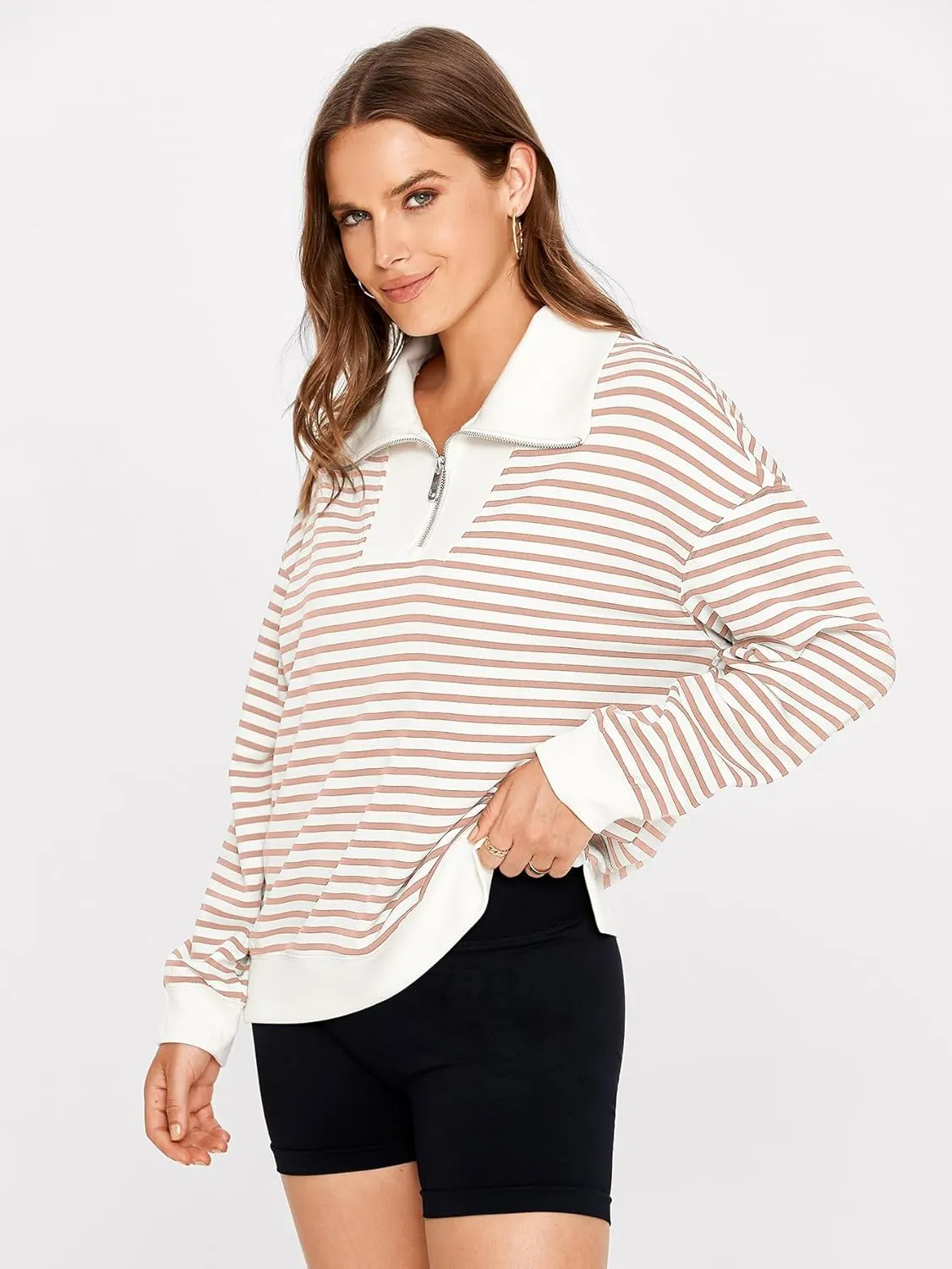 Glamaker Womens Striped Quarter Zip Sweatshirt Casual Long Sleeve Lapel Pullover Tops Fall Outfit Trendy Fashion Clothes