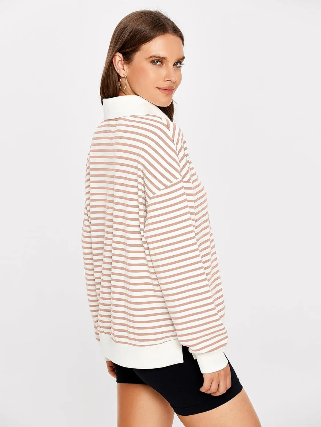 Glamaker Womens Striped Quarter Zip Sweatshirt Casual Long Sleeve Lapel Pullover Tops Fall Outfit Trendy Fashion Clothes