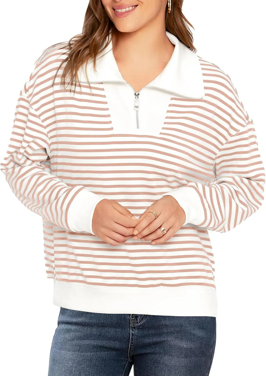 Glamaker Womens Striped Quarter Zip Sweatshirt Casual Long Sleeve Lapel Pullover Tops Fall Outfit Trendy Fashion Clothes