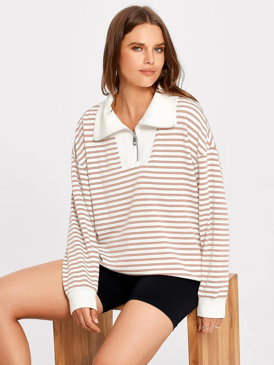 Glamaker Womens Striped Quarter Zip Sweatshirt Casual Long Sleeve Lapel Pullover Tops Fall Outfit Trendy Fashion Clothes