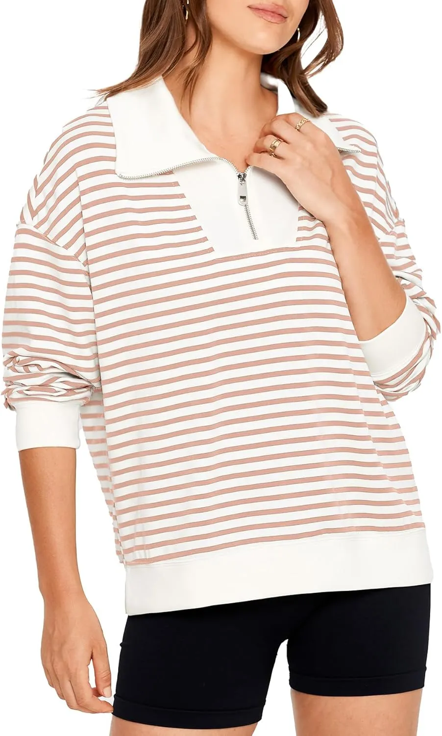 Glamaker Womens Striped Quarter Zip Sweatshirt Casual Long Sleeve Lapel Pullover Tops Fall Outfit Trendy Fashion Clothes