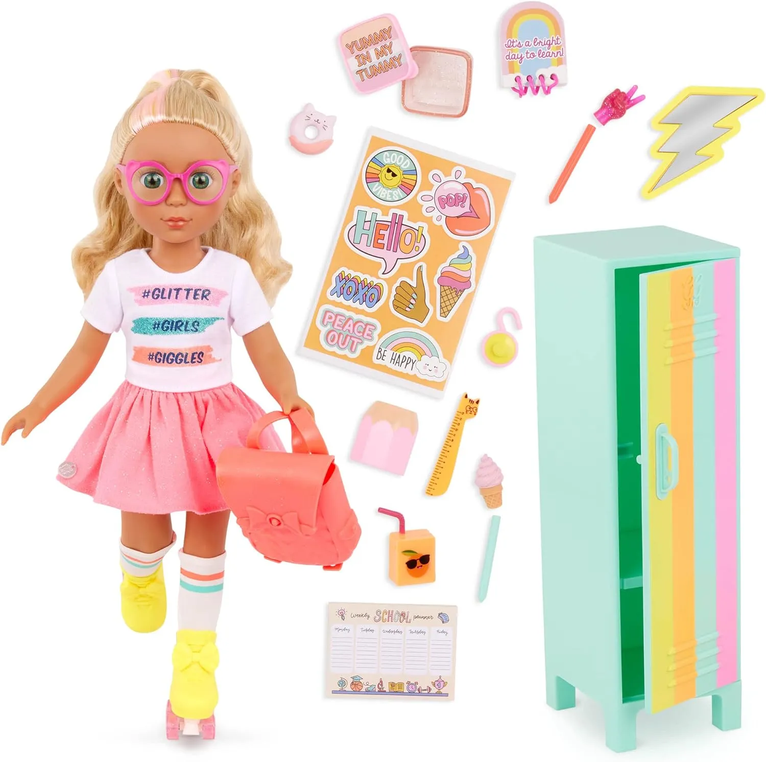 Glitter Girls – 14-Inch Poseable Doll Set – Blonde Hair & Green Eyes – School Locker, Roller Skates & Accessories – Toys for Kids 3 Years  – Sunnie & GG School Locker Playset