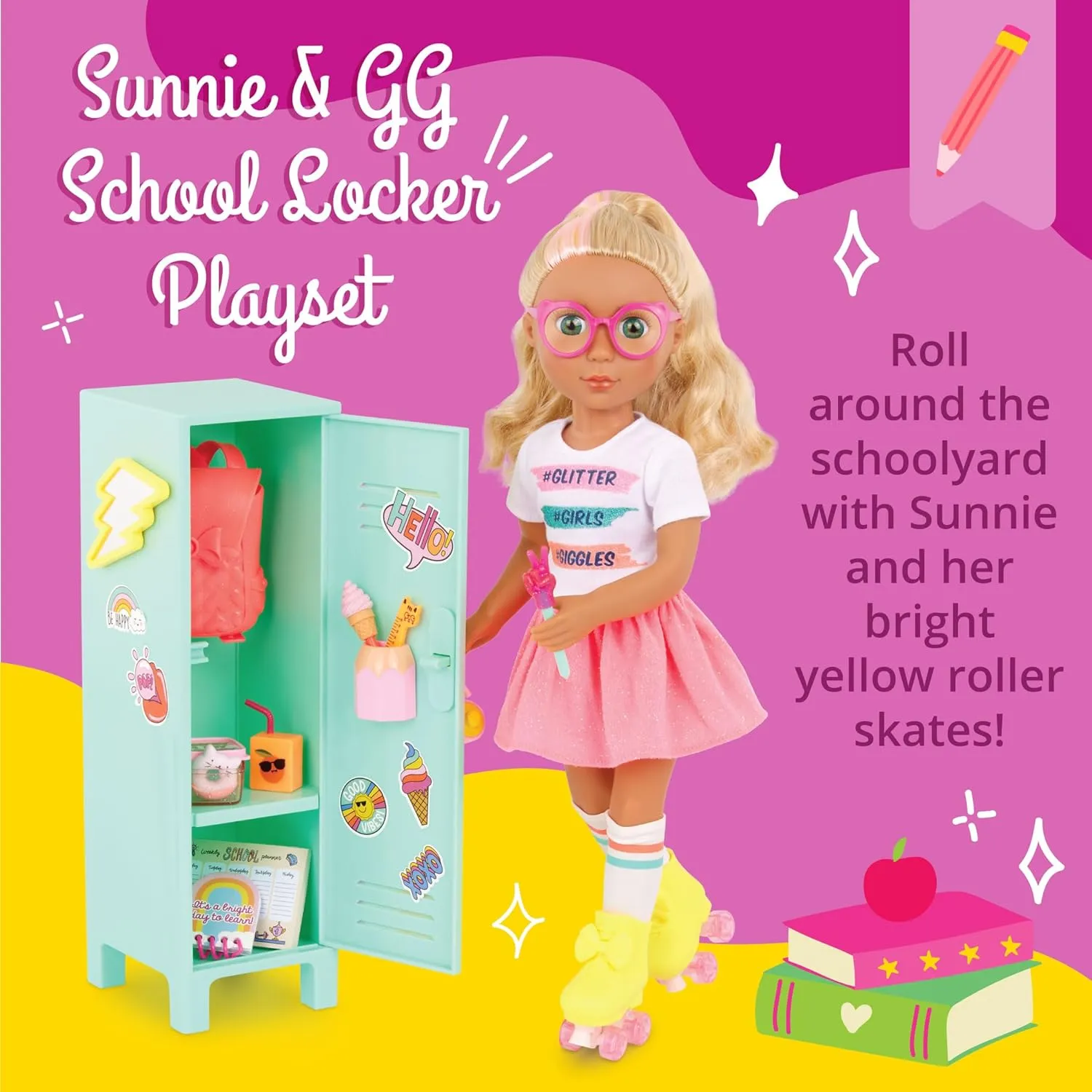 Glitter Girls – 14-Inch Poseable Doll Set – Blonde Hair & Green Eyes – School Locker, Roller Skates & Accessories – Toys for Kids 3 Years  – Sunnie & GG School Locker Playset