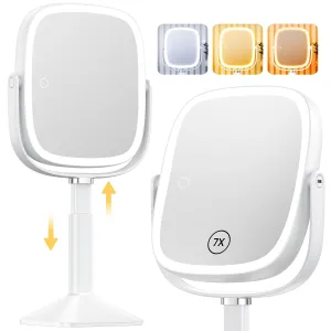 Gospire Rectangle Lighted Makeup Mirror with Lights 3 Color, Height Adjustable and 1X/7X Magnifying, 4000mAh Rechargeable Battery for Bedroom, 8.5”x7.4” Large Surface, Stepless Dimming - White