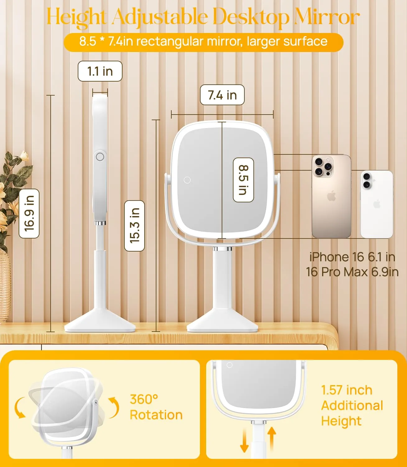 Gospire Rectangle Lighted Makeup Mirror with Lights 3 Color, Height Adjustable and 1X/7X Magnifying, 4000mAh Rechargeable Battery for Bedroom, 8.5”x7.4” Large Surface, Stepless Dimming - White