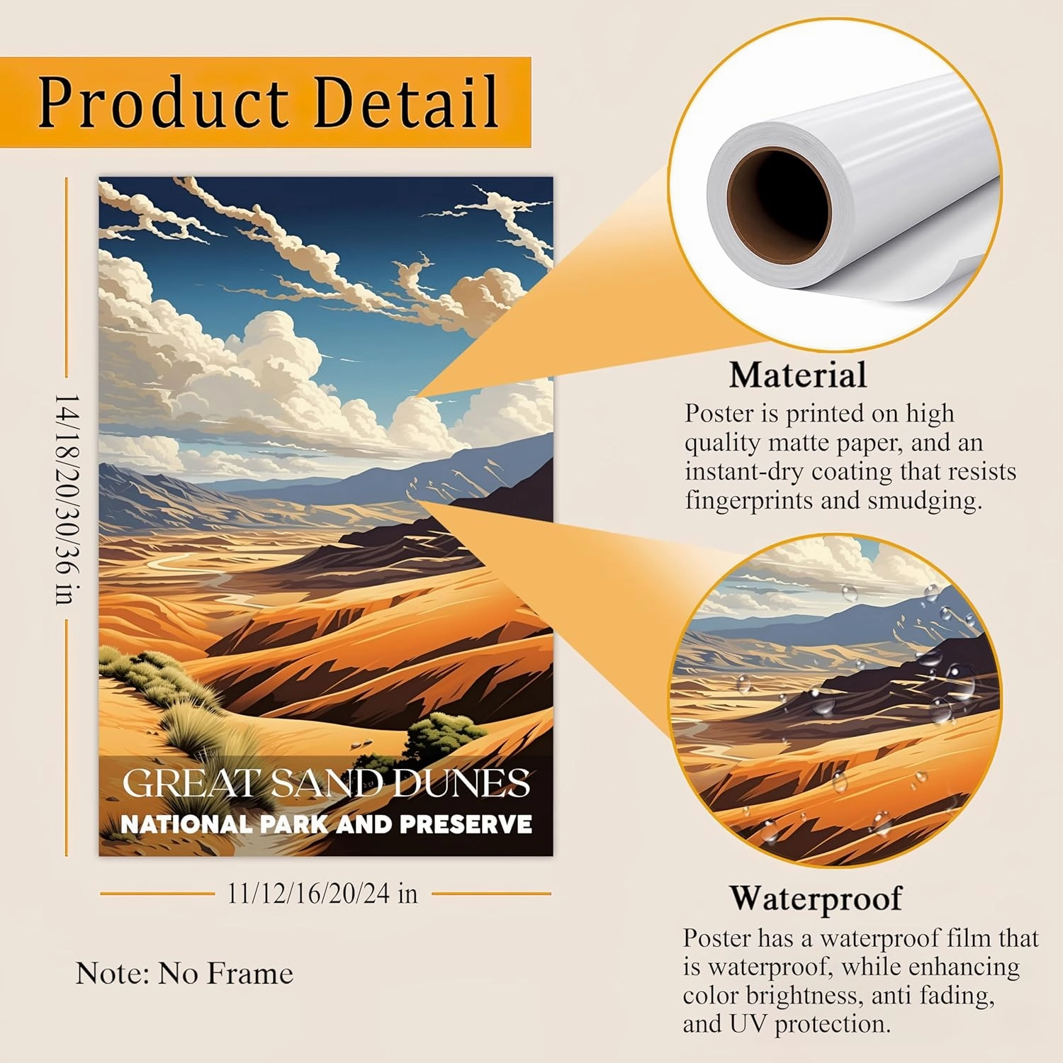 Great Sand Dunes National Park Wall Art - Travel Poster, Living Room (UNFRAMED)