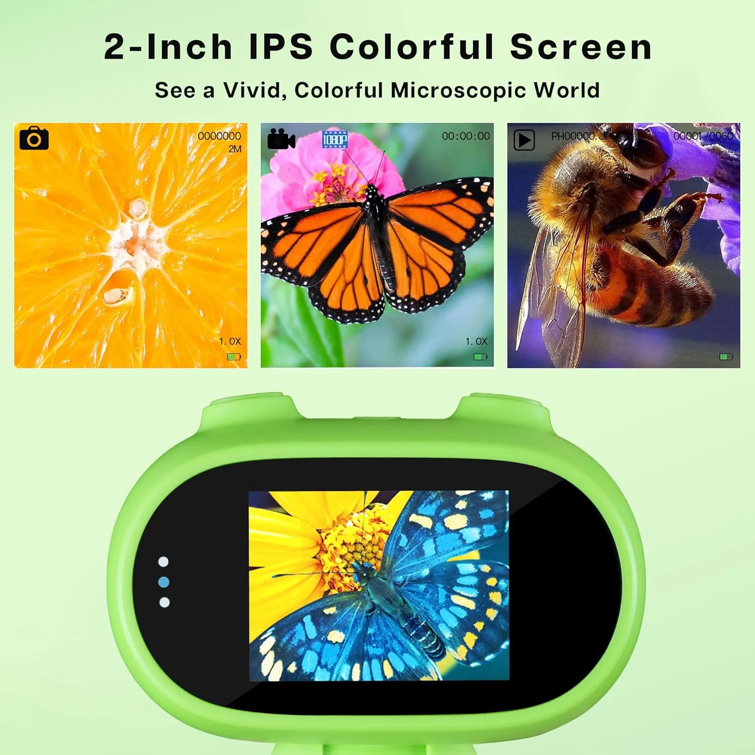 GreenPeek Microscope for Kids with 2" Screen 1000x Portable Pocket Digital Kids Mini Scope, 16GB Card, Kids Educational Science Kit, Gift for Kids 4-12 (Light Green)