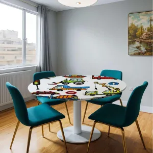 Grey Pink Round Tablecloth Colorful Landscape Car Transportation Wipe Clean Table Cover for Outdoor/Indoor Use Fit for 36"-39" Diameter Table Cartoon