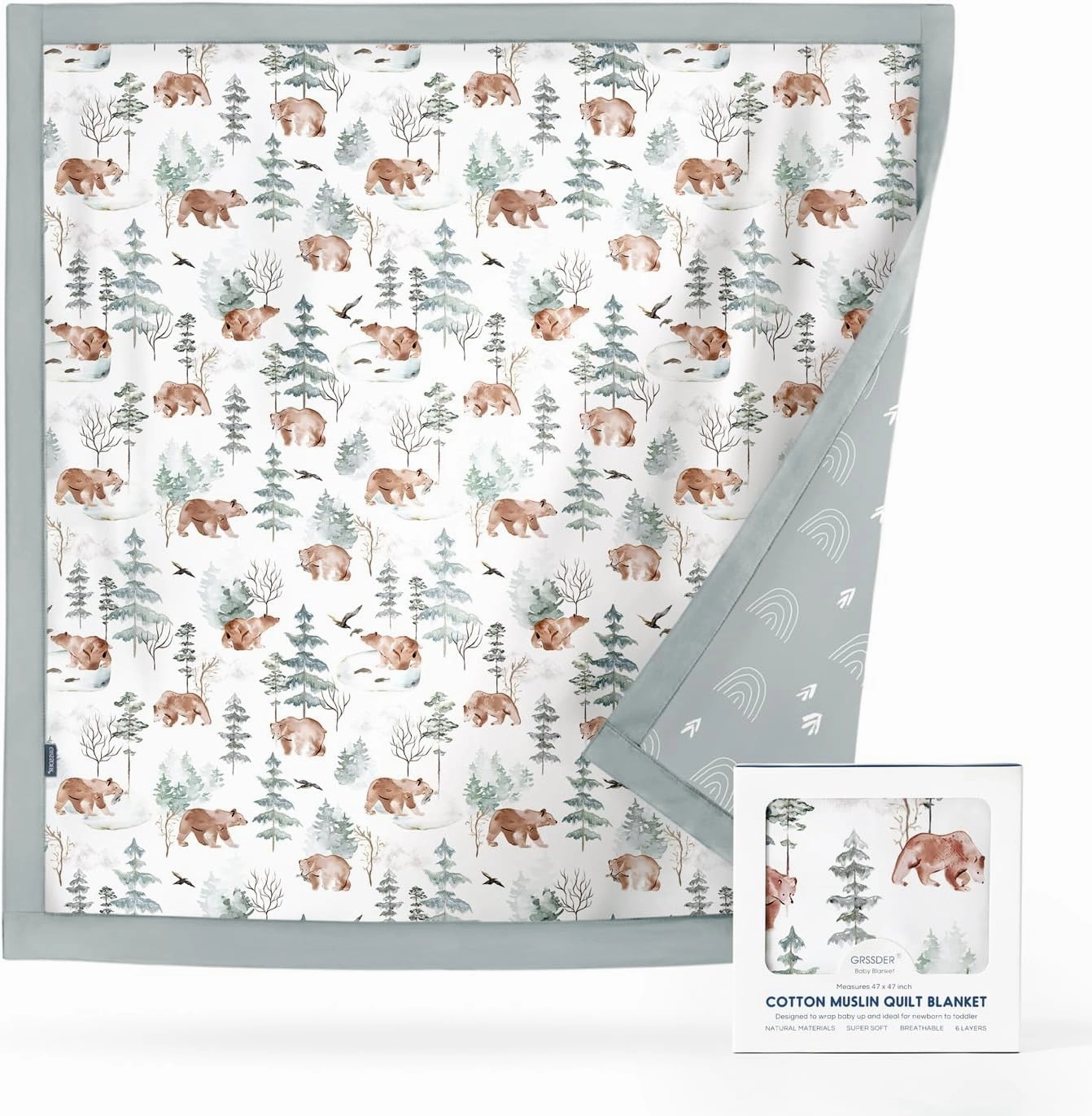 GRSSDER Muslin Cotton Quilt Blanket - Silky Soft and Breathable Baby Blanket Quilt, Oversized Muslin Blankets for Newborns, Toddlers & Kids, 6 Layers Reversible Design for All Seasons, 47" x 47"