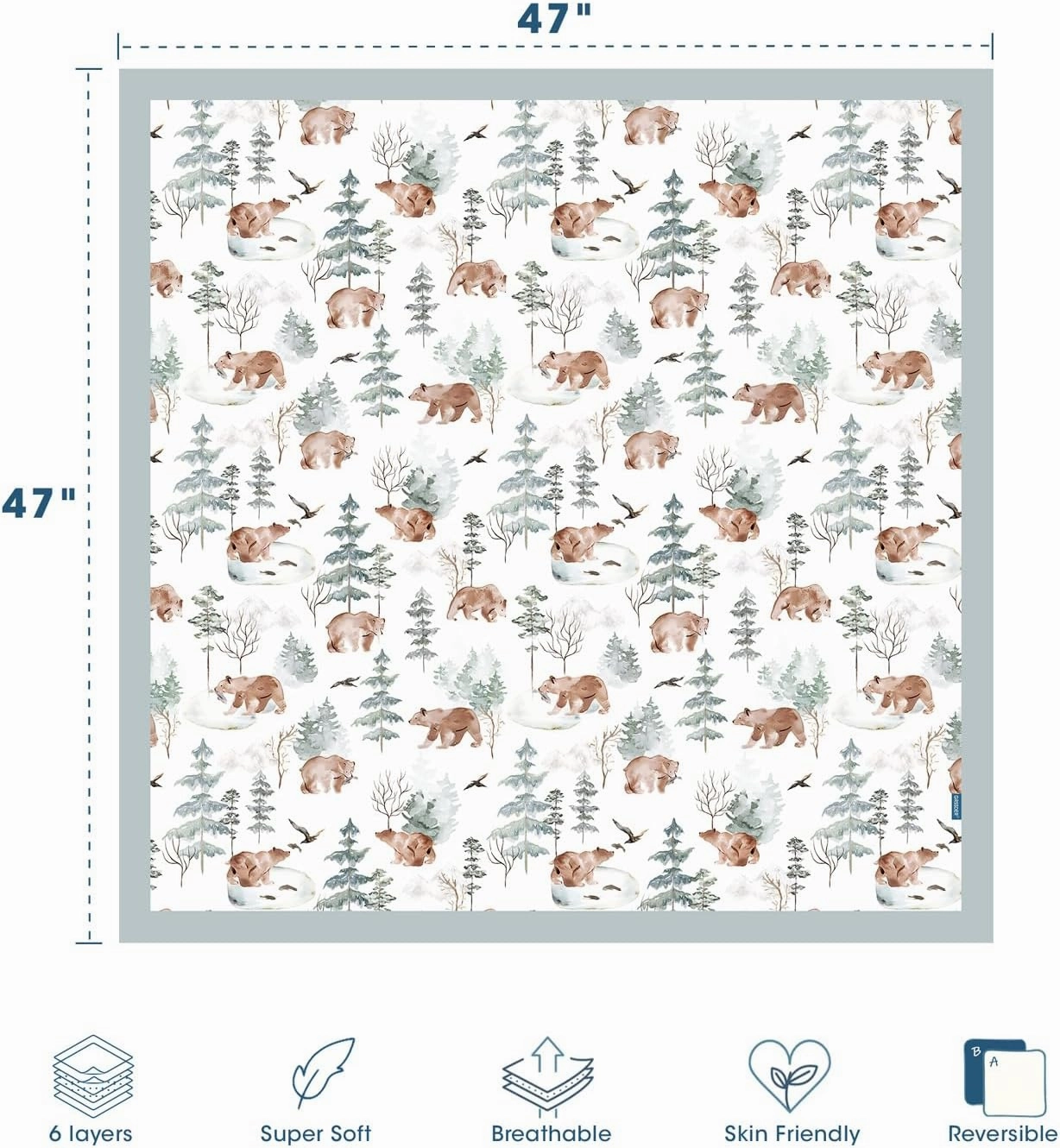 GRSSDER Muslin Cotton Quilt Blanket - Silky Soft and Breathable Baby Blanket Quilt, Oversized Muslin Blankets for Newborns, Toddlers & Kids, 6 Layers Reversible Design for All Seasons, 47" x 47"