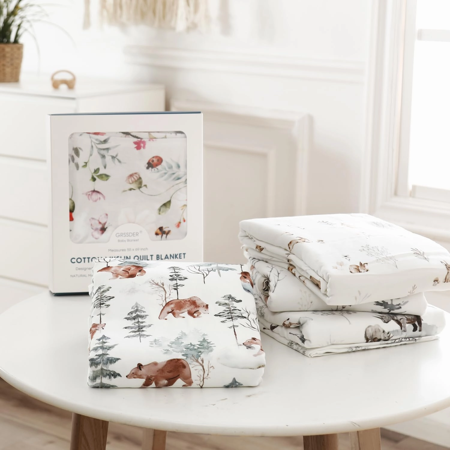 GRSSDER Muslin Cotton Quilt Blanket - Silky Soft and Breathable Baby Blanket Quilt, Oversized Muslin Blankets for Newborns, Toddlers & Kids, 6 Layers Reversible Design for All Seasons, 47" x 47"