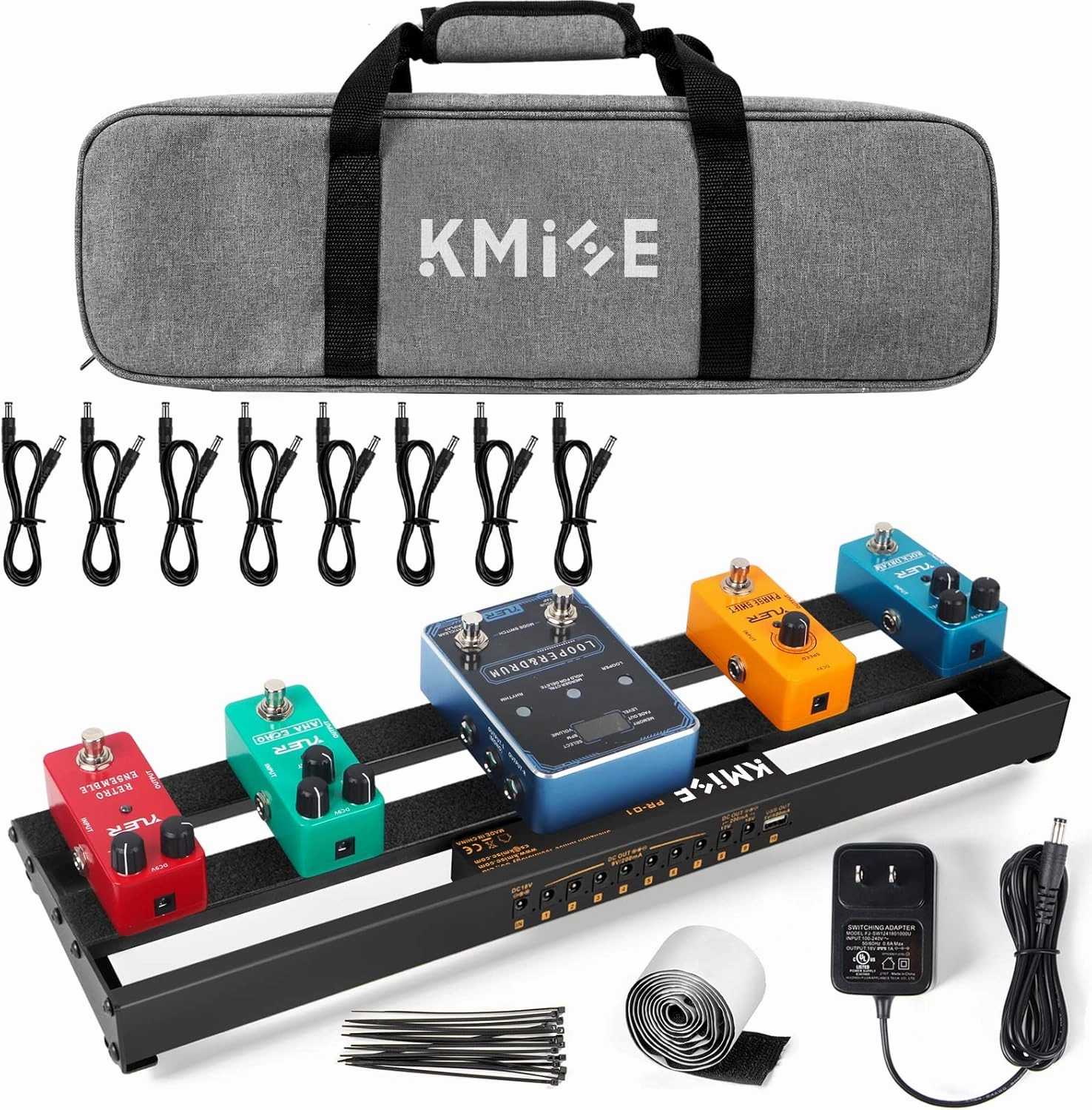 Guitar Pedalboard with Built-in Power Supply Pedal Board Aluminium Alloy 1.8lb Lightweight Pedal Board 19x5 Inch Black Pedal Board with Power Supply, Carrying Bag, Guitar Pedal Cable, Hook Tape