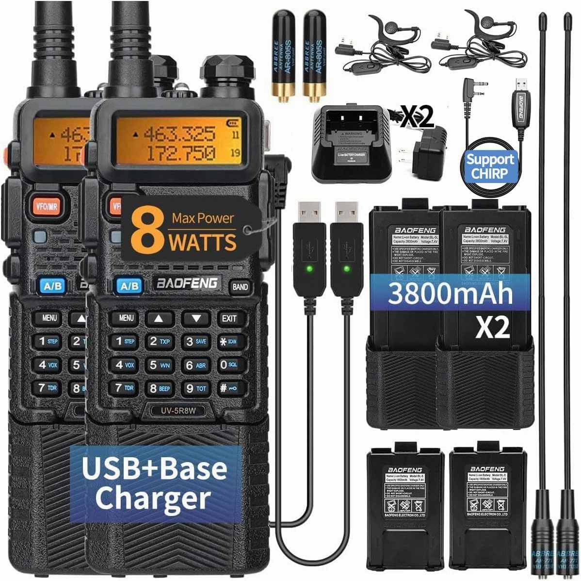 Ham Radio Baofeng UV-5R Radio Long Range UV5R Handheld Dual Band 3800mAh High Power Two Way Radio Rechargeable Walkie Talkies for Adults with Earpiece,USB Charging Cable and Programming Cable,2Pack