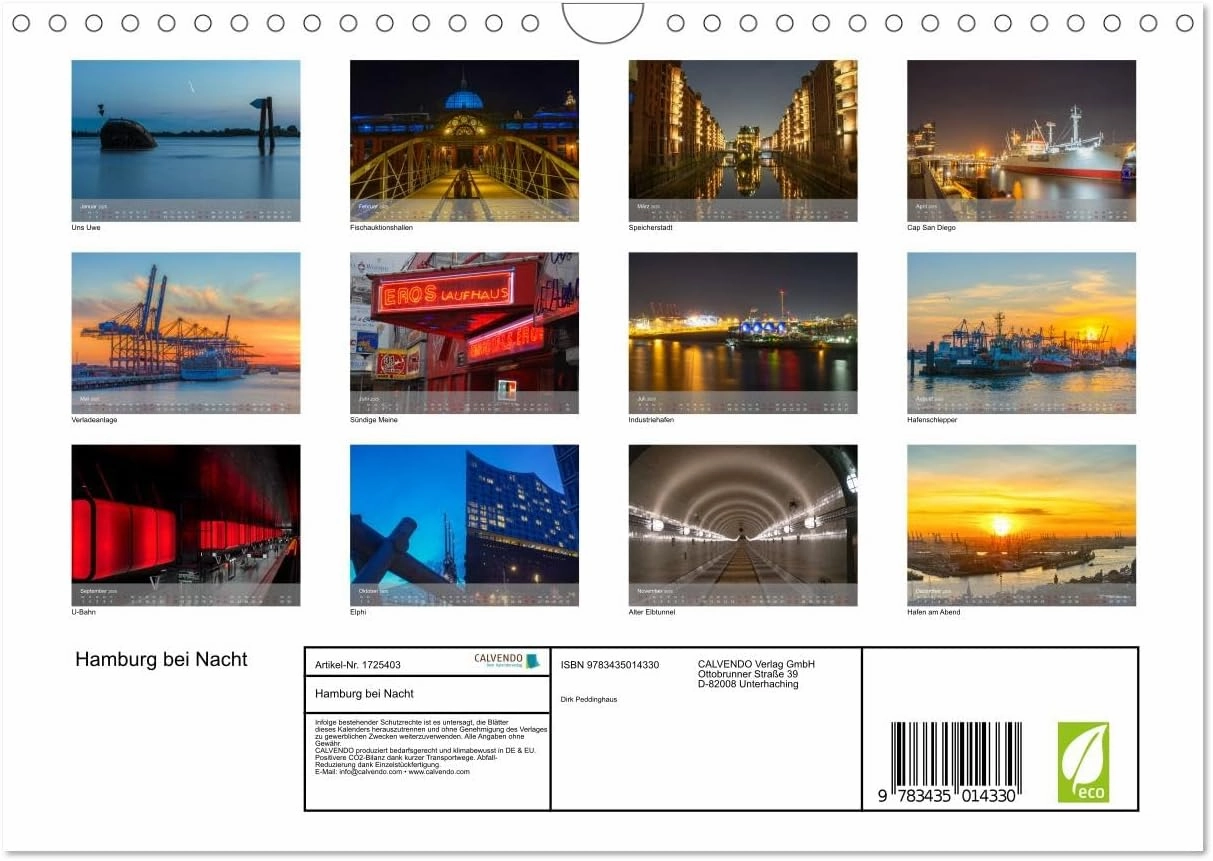 Hamburg bei Nacht (Wandkalender 2025 DIN A4 quer), CALVENDO Monatskalender [Calendar] Dirk Peddinghaus
