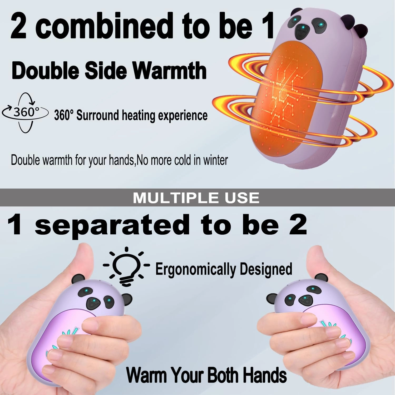 Hand Warmers Rechargeable 2 Pack,6000mAh Cute Panda Shaped Electric Hand Warmer,20Hrs Long Heating Reusable Hand Warmer,Portable Pocket USB Heater for Christmas,Outdoor,Hunting