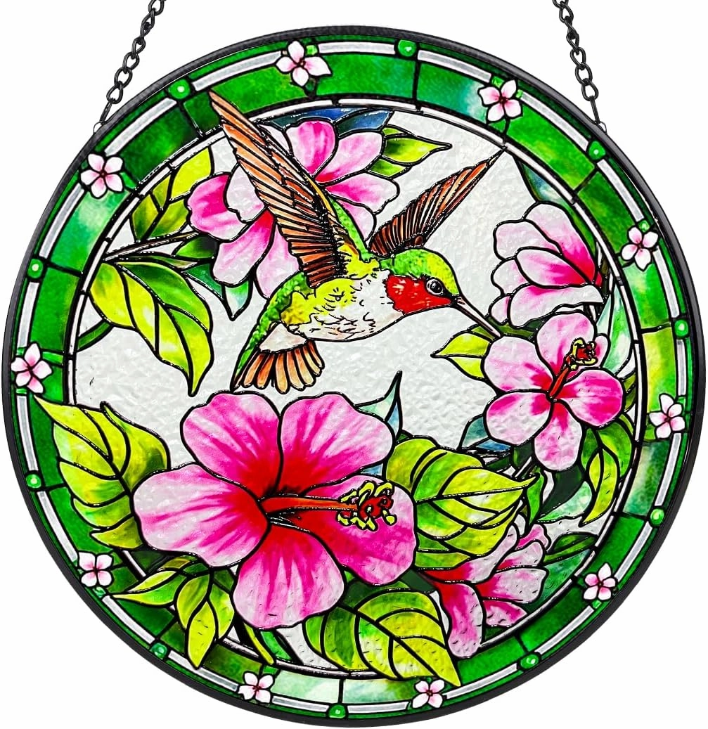 Handmade Hummingbird Suncatchers for Windows Hanging - 8 inch Stained Glass Sun Catchers Indoor Window Decor, Suncatcher Stained Glass for Home, Gifts for Dad, Grandpa or Wall Art