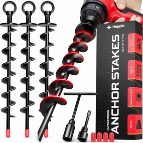 Happin® Heavy Duty Ground Anchors - Trampoline Anchors High Wind - Swing Set & Trampoline Stakes - Earth Anchors Screw in for Secure Hold - Stakes High Stability for Tents, Canopies & More (4 Pack)
