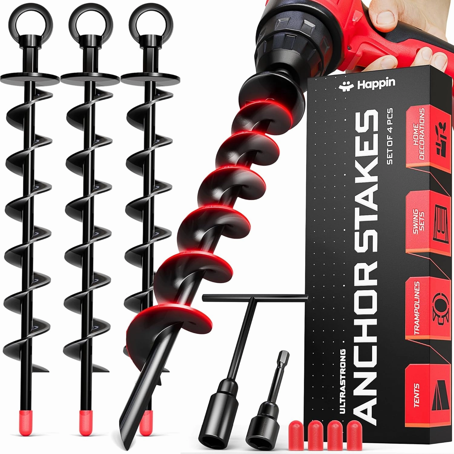 Happin® Heavy Duty Ground Anchors - Trampoline Anchors High Wind - Swing Set & Trampoline Stakes - Earth Anchors Screw in for Secure Hold - Stakes High Stability for Tents, Canopies & More (4 Pack)
