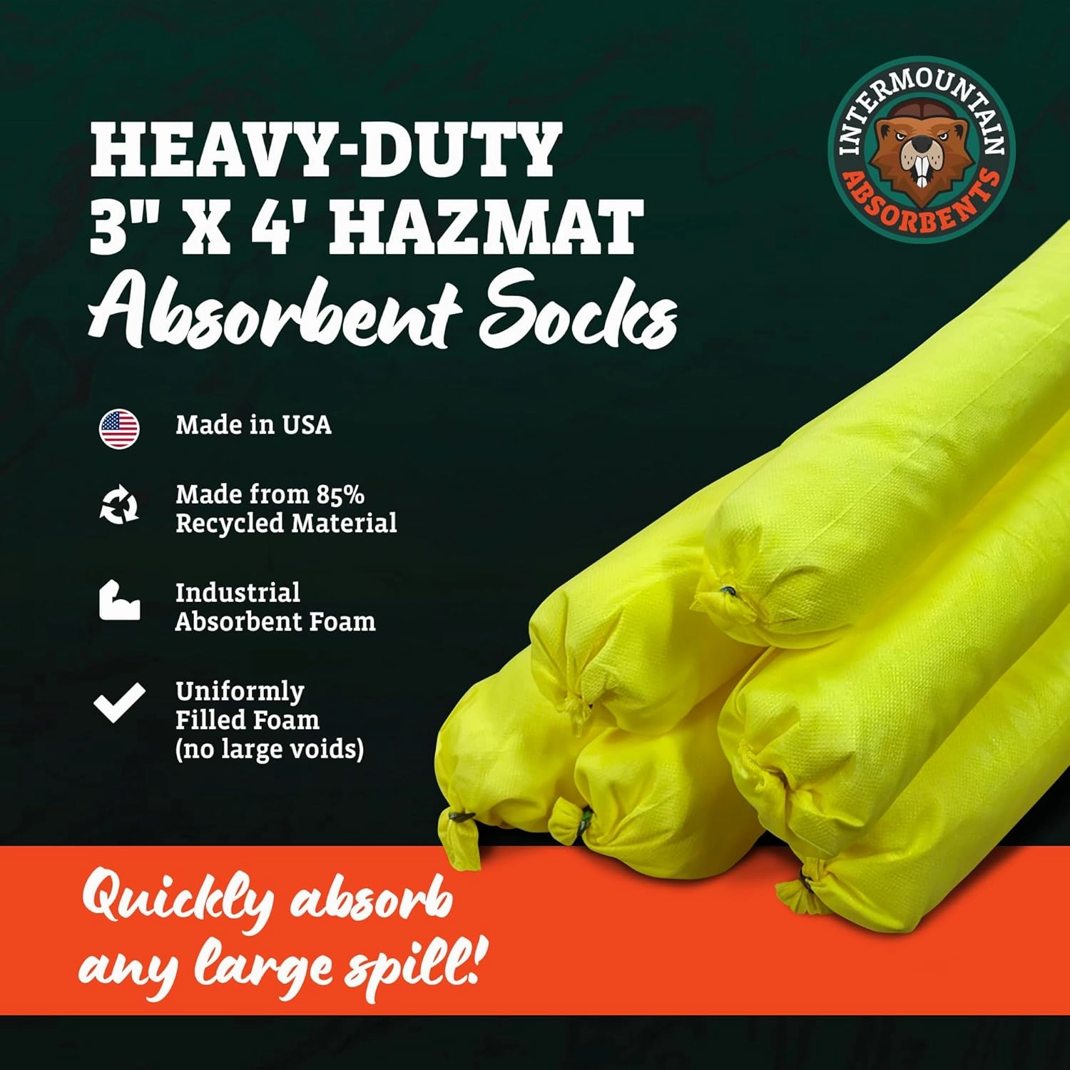 Hazmat Absorbent Socks - Universal Absorbent Socks for Spills, Recycled Material Yellow Spill Socks, Absorb Liquid Spills 1 Gallon per Sock - 3" x 4' (6 Pack)