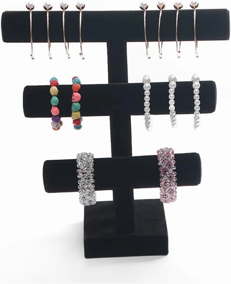 HBJWOV 3 Tier Black Velvet Detachable Bracelet Chain Watch T-Bar Rack Jewelry Organizer Hard Display Jewelry Display