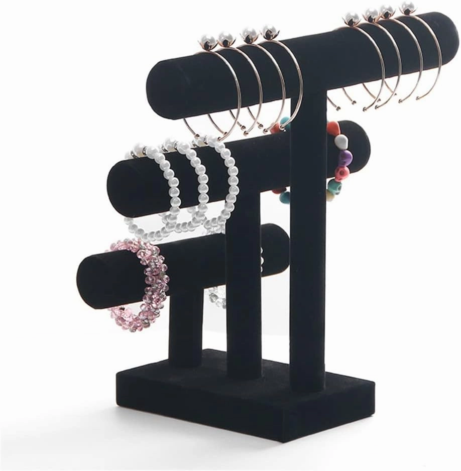 HBJWOV 3 Tier Black Velvet Detachable Bracelet Chain Watch T-Bar Rack Jewelry Organizer Hard Display Jewelry Display